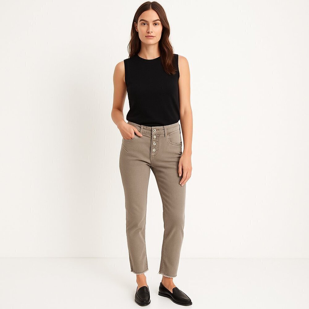 Bevy Flog Aviv Button Fly Crop Pants Slim Stretch Taupe Neutral 24 Minimalist